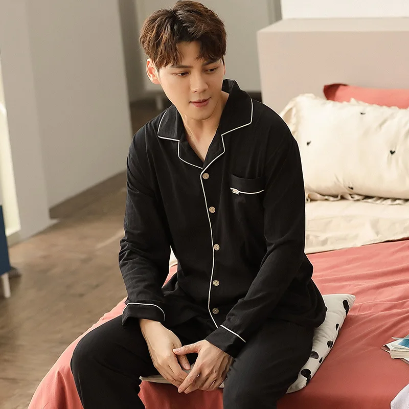 Pajamas for Men Cotton Solid Long Sleeve Thin Button Tops Loose Pants Homewear Two Piece Set Sleep Wear Mens Nightwear Pjs