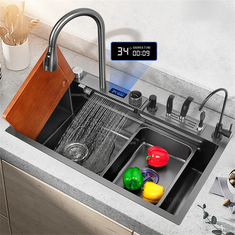 

Раковина «Водопад» из нержавеющей стали, Черная умная мойка с креплением сверху, одинарная, кухонные предметы