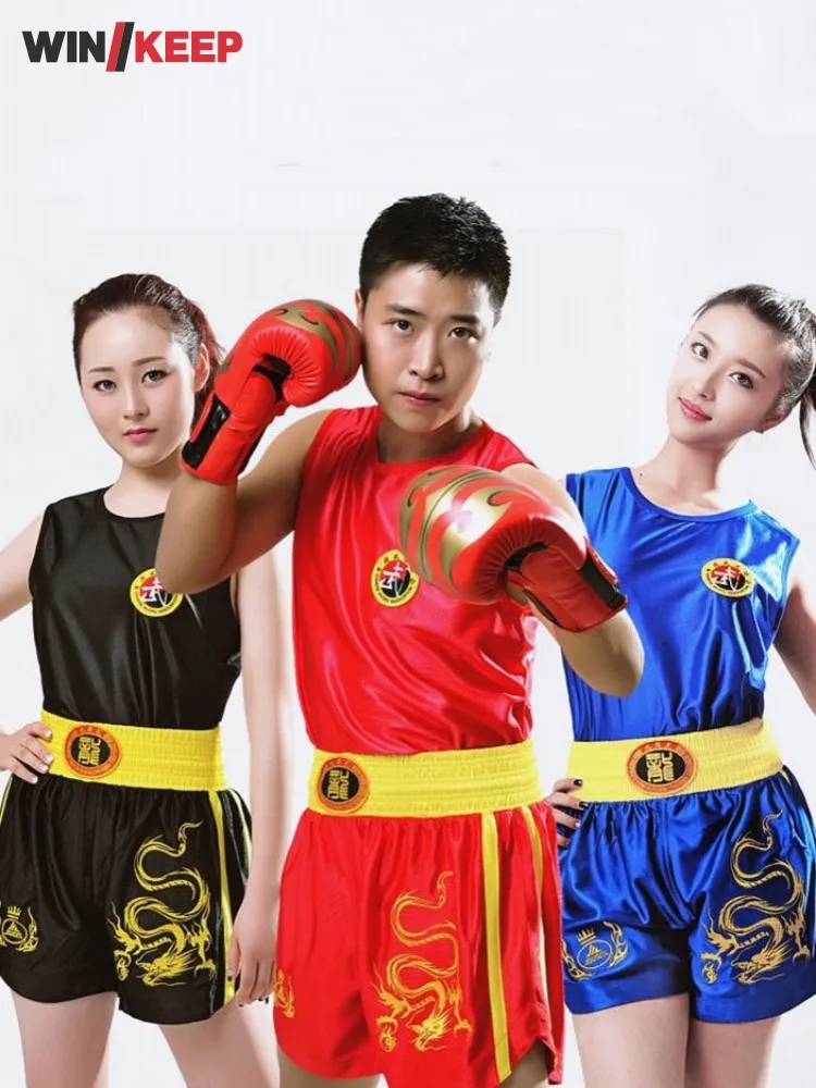 

Men Women Summer Martial Arts Suit Sleeveless T-Shirt High Waist Shorts Two Pieces Set Sanda Boxing Gym Fitness Sportswear Sets