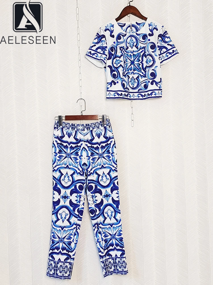AELESEEN Designer Fashion Women Pants Set 2022 Summer Sequined Beading Porcelian Printed Tees + Full-Length Pants Elegant Suit