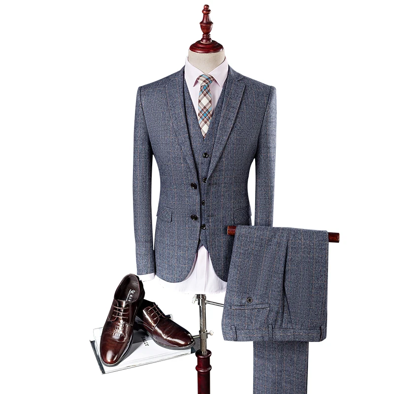 

[Jacket+Pants+Vest] Light Blue Light Grey Plaid Formal Suit Peaky Blinders Cosplay Party Dresses Elegant Men Wedding Suits Groom