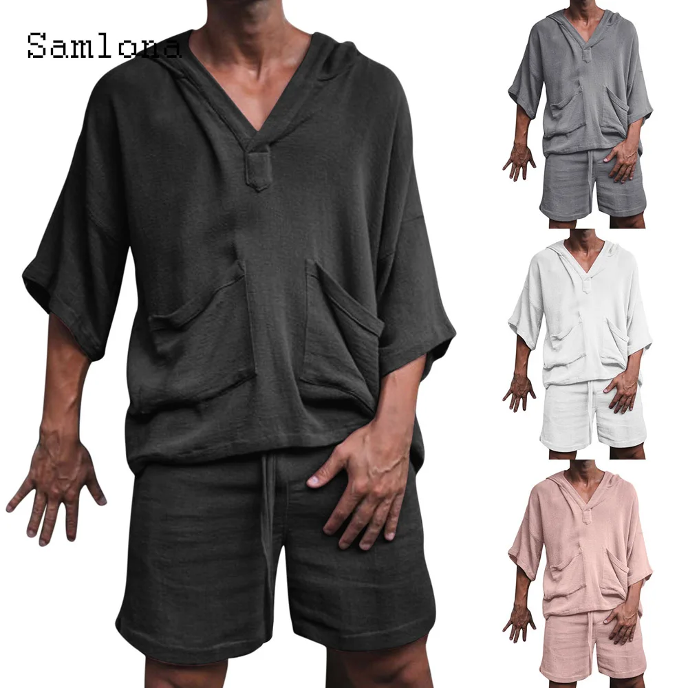 Samlona Men clothing ropa hombre men hooded sweatshirts sets 2022 new fashion two piece outfit half sleeve outdoor sportwear man