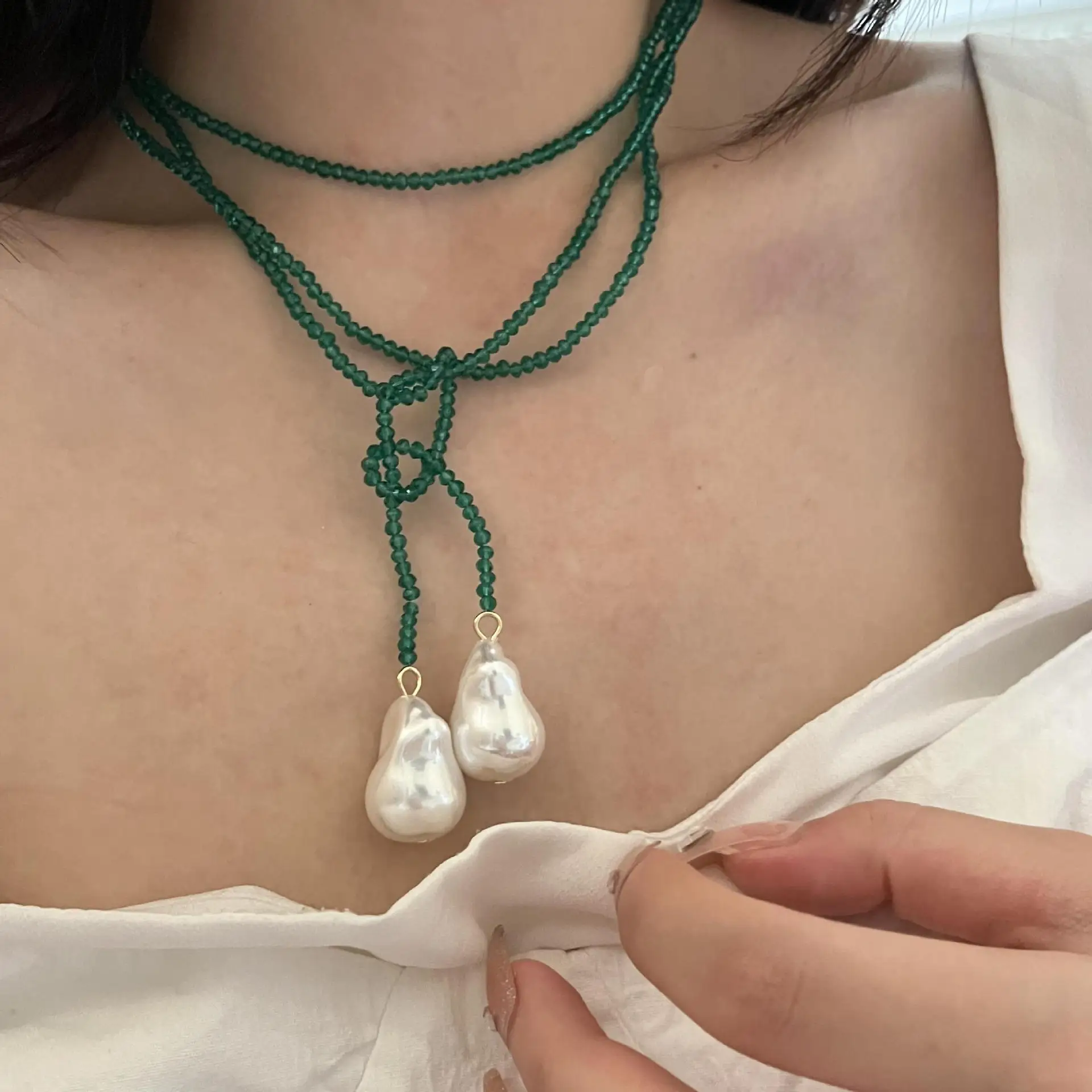 

French Style Retro Minority Design Baroque Pearl Turquoise Necklace Ins Multiple Wearing Methods Long Clavicle Chain for Women