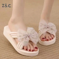 bow cool slippers womens summer 2022 new wedge heel thick sole fashion versatile flip flops non slip outer beach shoes sandals