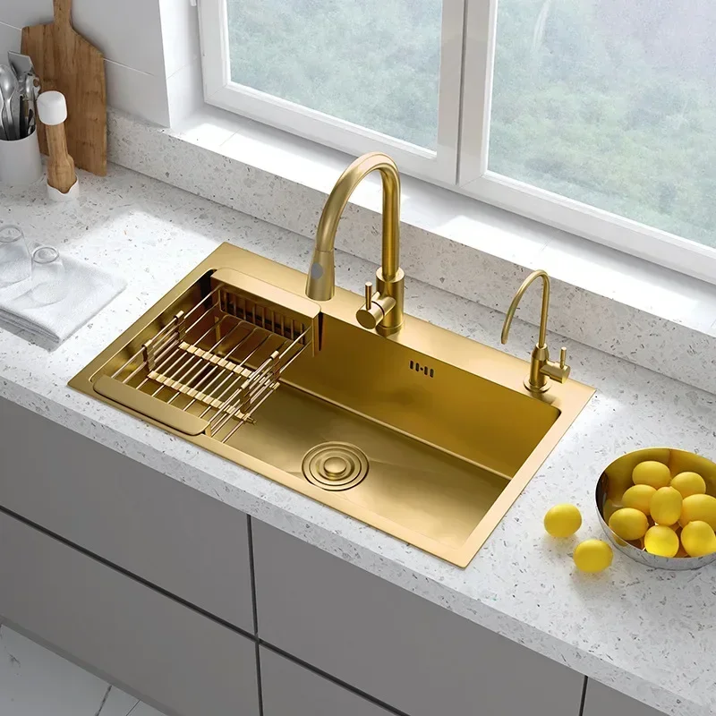 

Nano Gold 304 Stainless Steel Sink Kitchen Counter Washing Basin Large Single Sink Handmade Home Wash