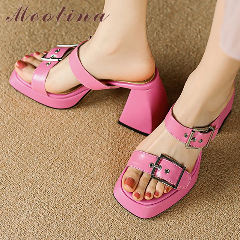 

Meotina Women Genuine Leather Sandals Square Toe Platform Slides Chunky High Heels Sheepskin Buckle Slippers Ladies Shoes Summer