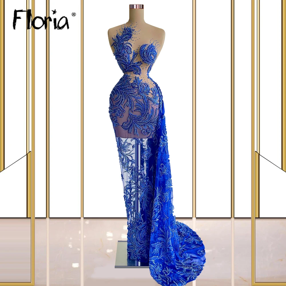 

Royal Blue Evening Dress Beaded Lace Long Prom Gowns for Wedding Dubai 2022 Party Dresses Plus Size Illusion Wedding Gwons Robes