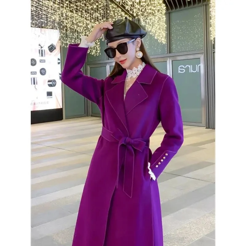 

Women Woolen Coat Autumn Winter Loose Belt Long Female Overcoat High Quality Solid Sobretudo Feminino Fashion Pocket Outerwear