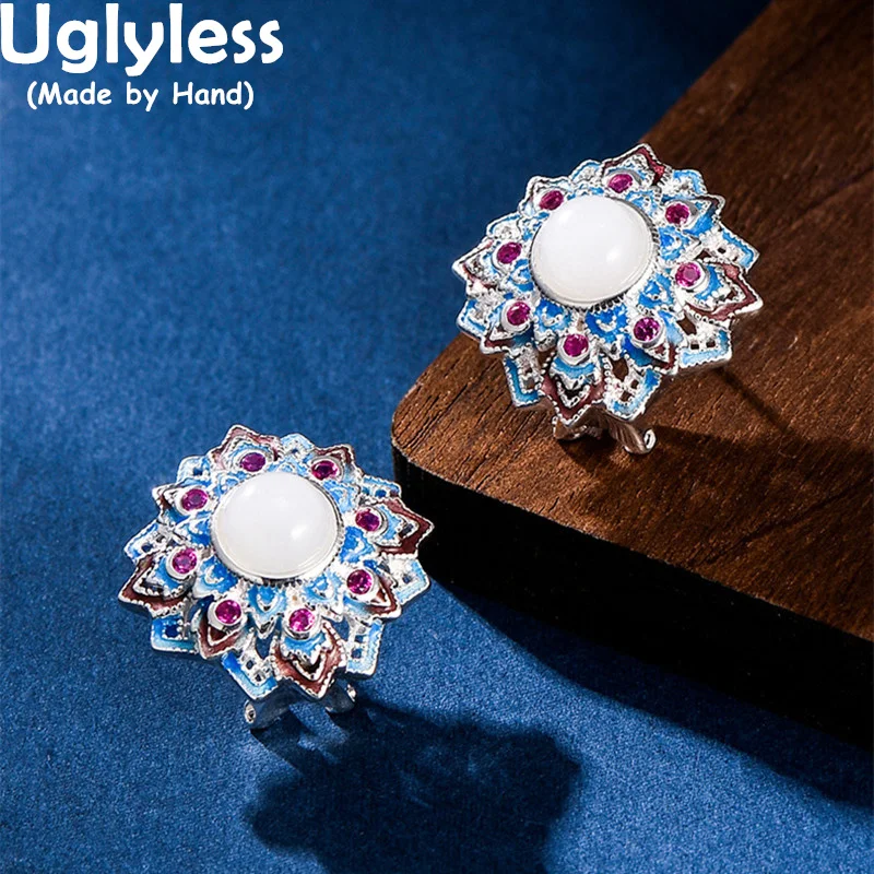 

Uglyless Enamel Flowers Studs Earrings Women Pretty Corundum Semi-precious Gemstones Earrings 925 Sterling Silver Lotus Brincos