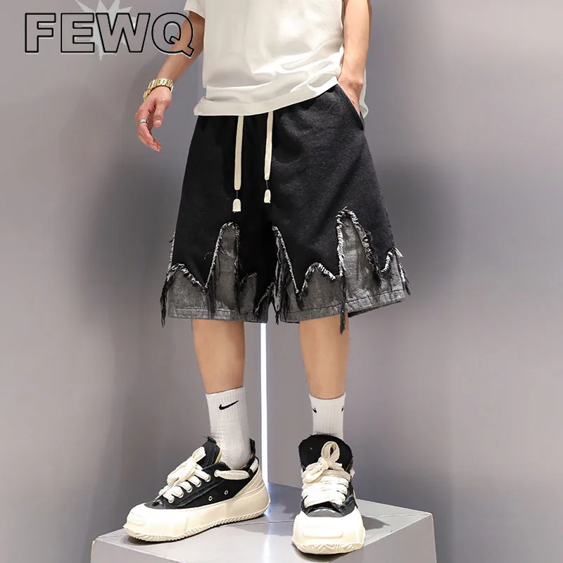 

FEWQ Tassel Men's Denim Shorts Drawstring Male High Street Y2k Patchwork Short Jeans Niche Design Summer 2023 New Pants 24B3323