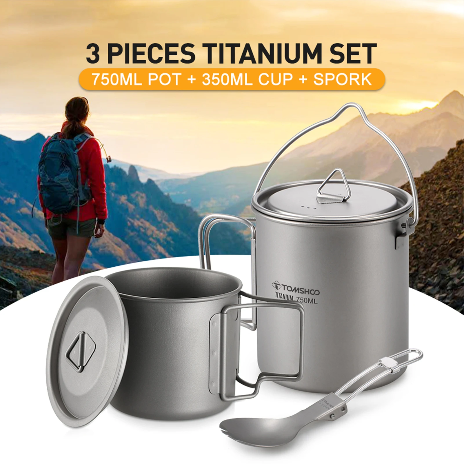 

TOMSHOO Outdoor Lightweight Titanium 3 Pieces Set 750ml Pot 350ml Water Cup Mug with Lid Collapsible Handle Folding Spork