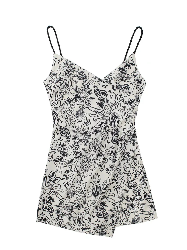 

xikom Women Fashion With Gathered Printed Playsuits Vintage Backless Zipper Thin Braided Straps Female Dresses Vestidos Mujer
