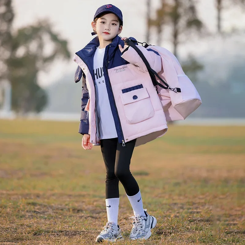 Длинный детский свободный утолщенный пуховик для девочек красный фиолетовый