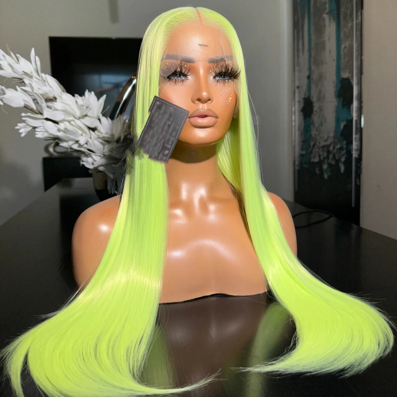 

Neon Green Colored 26Inch Burgundy Synthetic Straight Lace Front Wig For Black Women With Baby Hair Heat Resistant Fiber Wigs