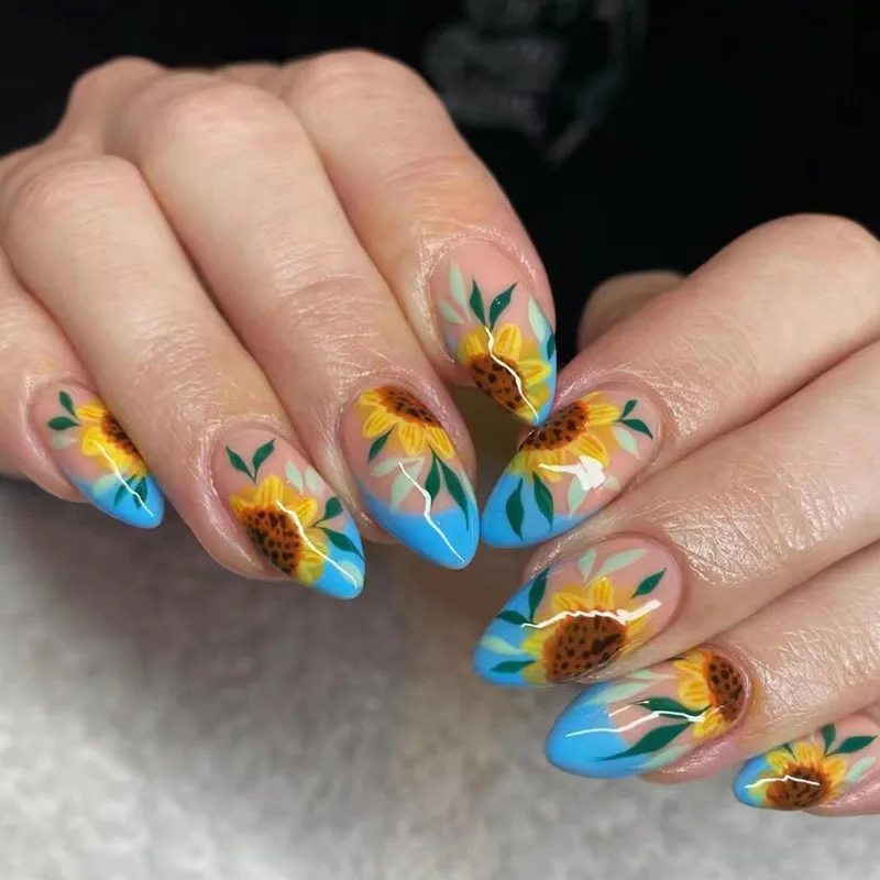 

Fashion Beauty Tools 24PCS Ballet Fake Nail Reusable Almond-shaped Sunflower-themed Wearable Nail Art French Fresh Manicure