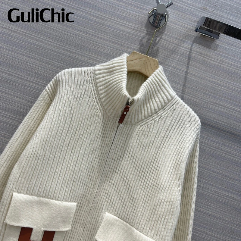 

10.10 GuliChic Women Temperament Casual Solid Color Letter Leather Pocket 100% Cashmere Knitted Zipper Cardigan