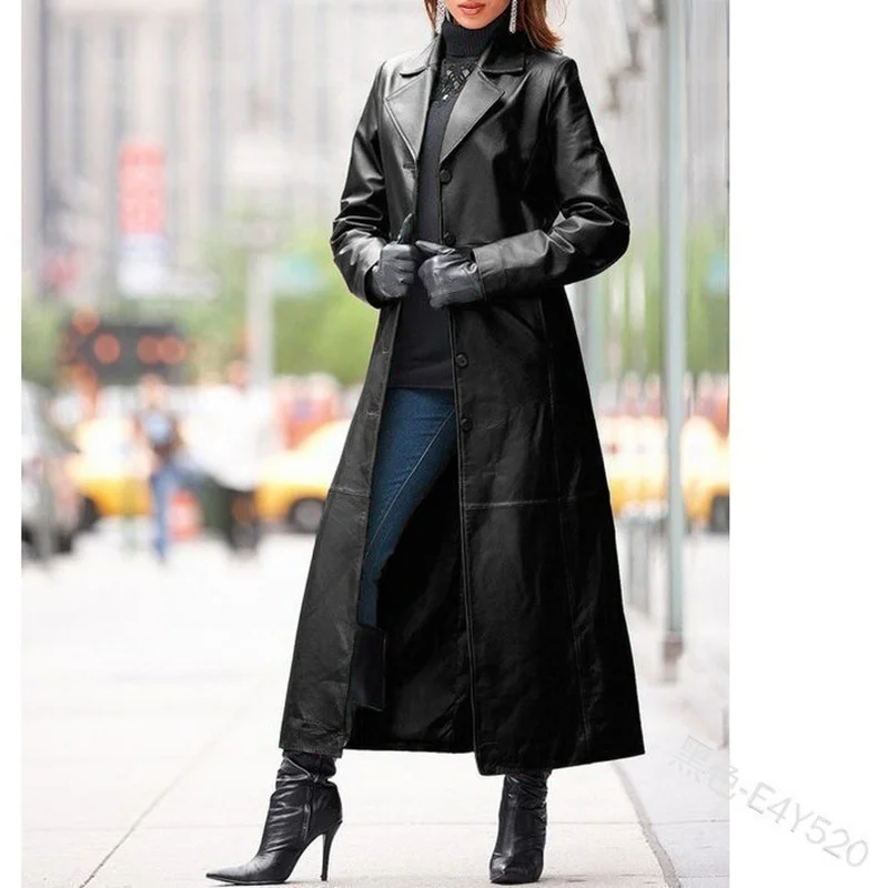 Enlarge Women's Lapel Beltless Leather Coat Long Coat Slim Slim Leather Trench Coat