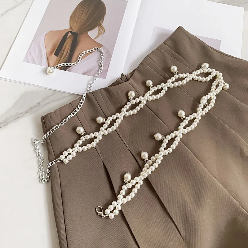 White Pearl Thin Waistband Female Fashion Casual Luxury Designer Shirt Dress Decorative Waist Chain Goth Elegant Belt for Women
