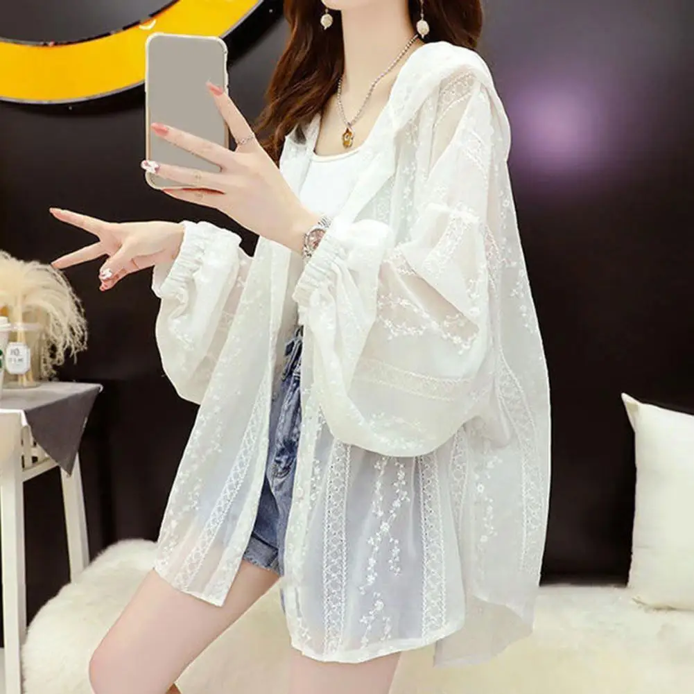 

Women Coat Print Ice Silk Sun Protection Lady Clothes Women Summer Hooded Lace Coat Shawl Anti-UV Open Front Women Coat