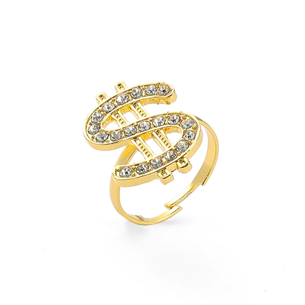 

Fashion Us Dollar Sign Rings Letter Rhinestone Opening Adjustable Ring Hip Hop Rappers Finger Jewelry for Men Accessories Gift