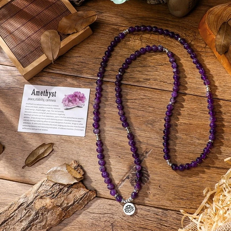 

Amethysts Necklace 108 Mala Natural Stone Buddha Beads Purple Crystal Energy Healing Yoga Jewelry Accessories For Women