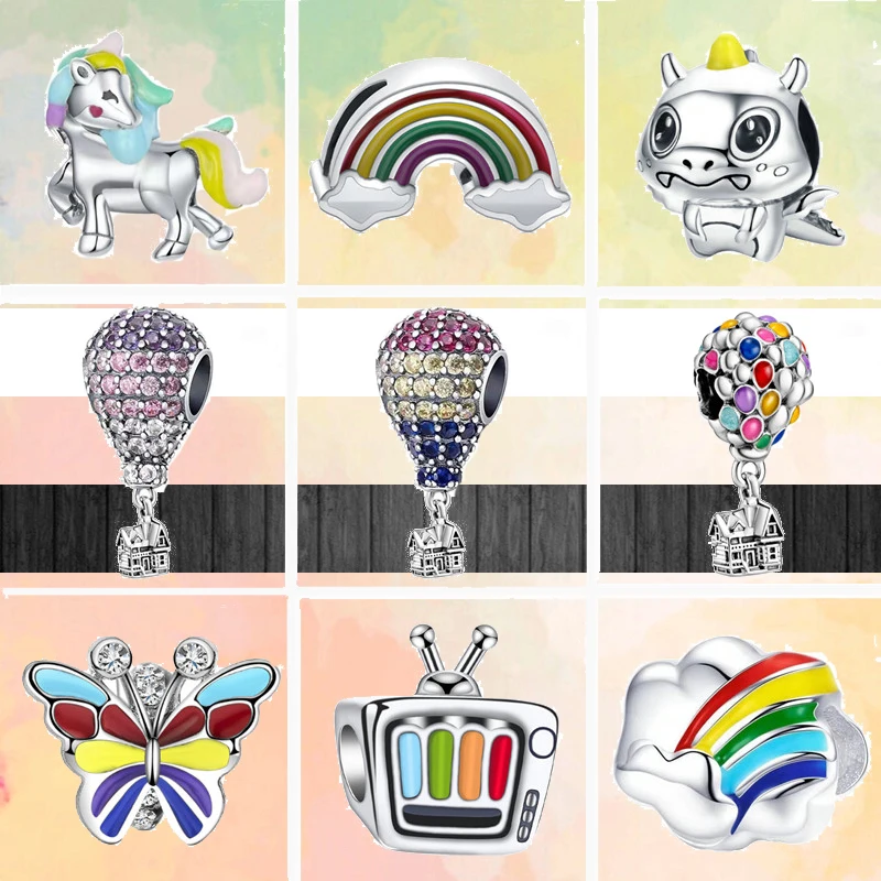 

New Colorful Butterfly TV Rainbow Balloon House Pavé Pendant Charm Bead Fit Original Pandora Silver Color Bracelet Women Jewelry