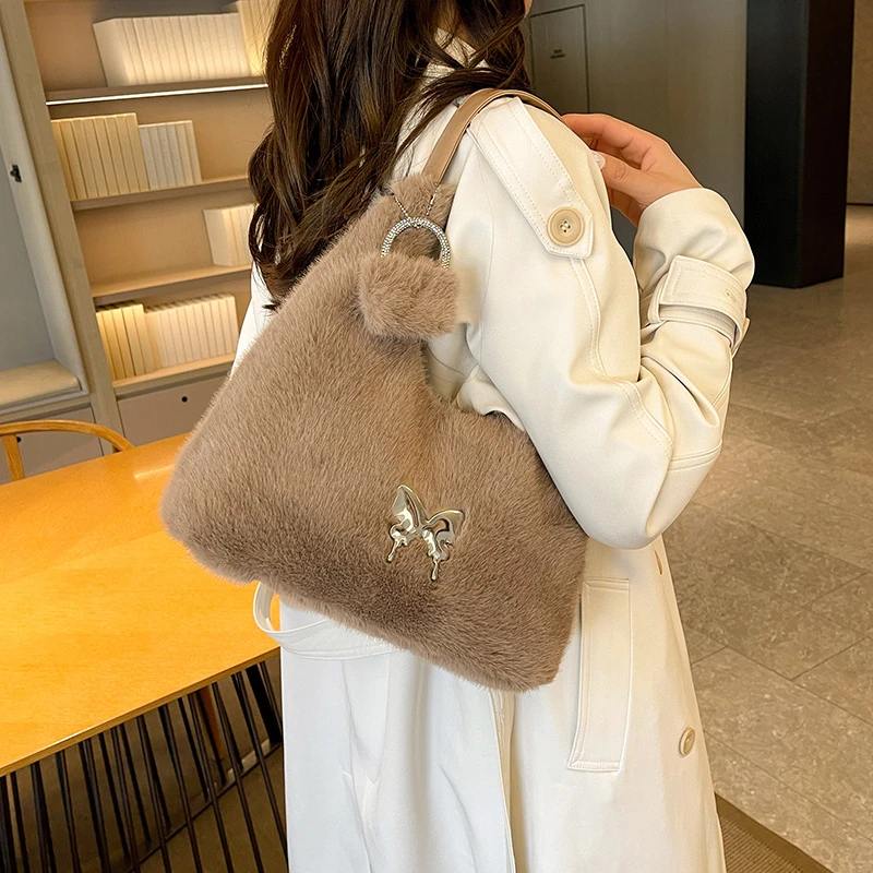 Простая однотонная женская универсальная плюшевая сумка-тоут большой