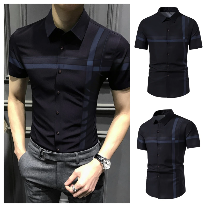 

2023 New Men's Deep Color Stripe Turn-down Collar Short Sleeve Shirt Fashion Casual Men Clothing Comfortable Breathable Top