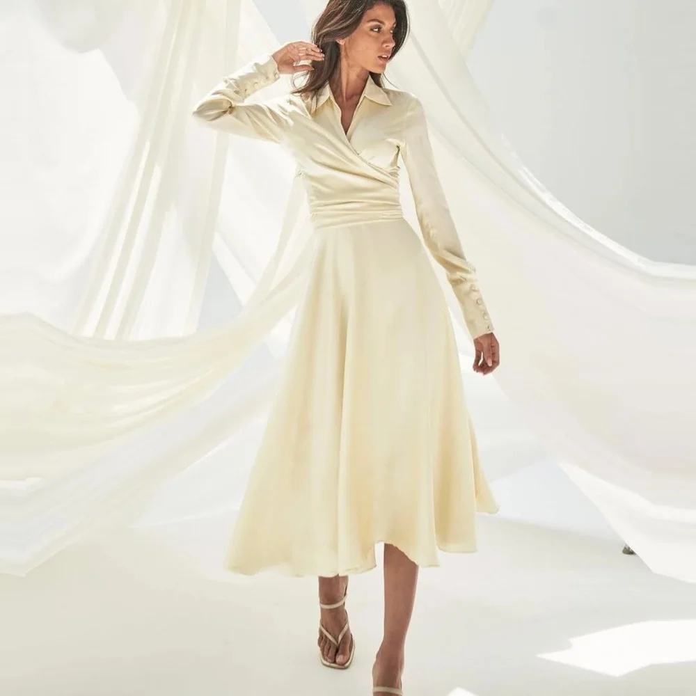 

OEING Simple V-Neck Ivory Evening Dresses A-Line فساتين السهرة Long Sleeves Party Gowns Prom Dress Ankle Length Robe de soirée