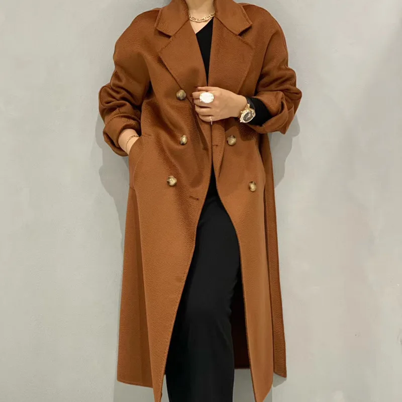 

High Quality 100% Wool Overcoat For Women Classic Double Breasted Soft Double-sdie Water Ripple Wool Coat With Belt Female Cloth