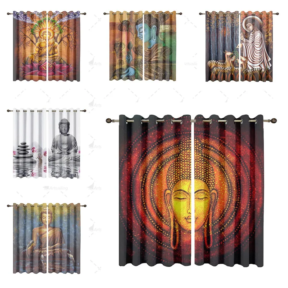 Customized Blackout Window Curtains Buddha Image Pattern Printing Polyester Curtain for Bedroom Living Room Home Decoration