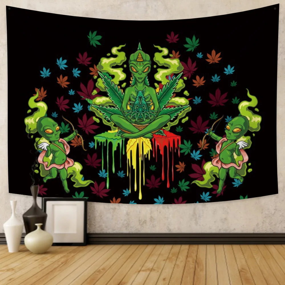 

Psychedelic Green Alien Tapestry Wall Hanging Hippie Trippy Hemp Leaves Tapestry Art for Bedroom Living Room Dorm Home Decor