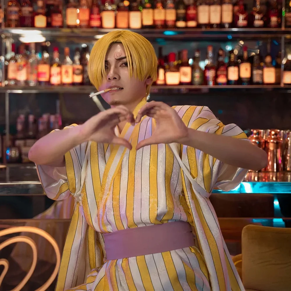 Фото Аниме Wano Country Vinsmoke Man Sanji Косплей Костюм Мужчины Кимоно Парики Полный комплект Wafuku Косплей Костюмы для Хэллоуина Костюм №2