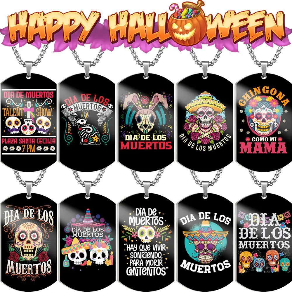 Stainless Steel Necklace Dog Tag Pendant Trendy Cool Day of the Dead Skull Letter Color Printing Kid Women Men Toys Gift