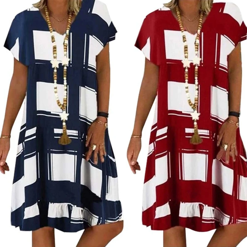 

Женское свободное платье миди с коротким рукавом и V-образным вырезом