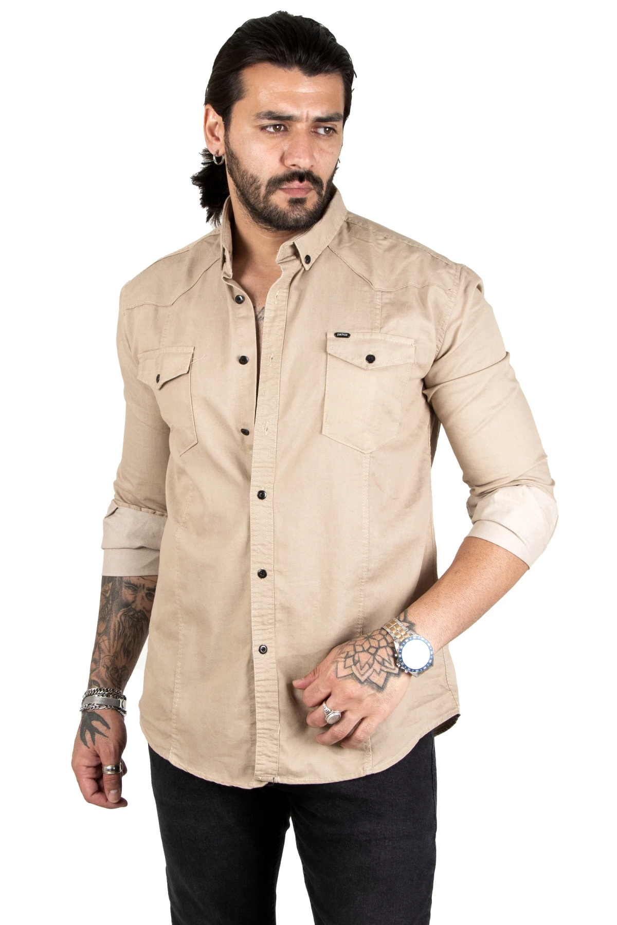 DeepSEA narrow cut lycra pocket cap buttoned long sleeve men's denim shirt 2201916