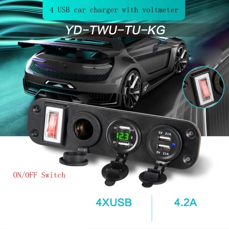 

Car Boat Truck 4 Ports USB Adapter 12V Power Socket LED Voltmeter