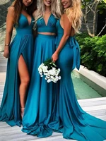two piece a line bridesmaid dress v neck sleeveless elegant court train charmeuse with bows pleats split front 2022
