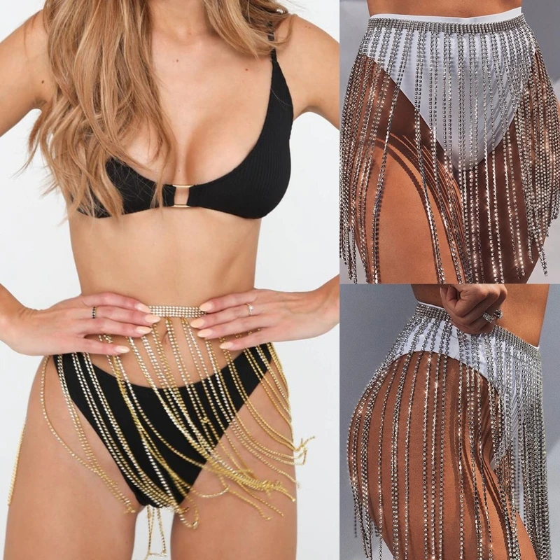 

Sparkly Body Chain Crystal Tassel Belly Dance Skirt Hip Chain Beach Party