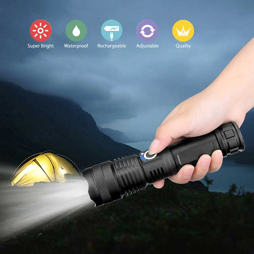 

Outdoor Flashlight Camping Hiking Backpacking Waterproof Fishing Torch Rechargeable Portable Flashing Light Adjustable