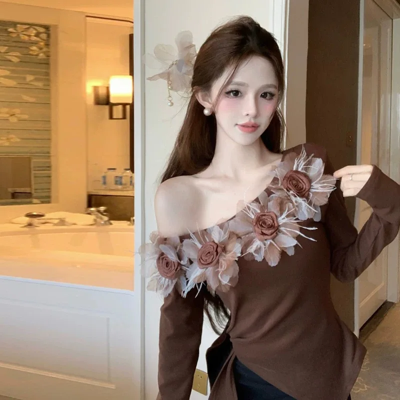 Топ с 3D цветком и косым вырезом блузка женские весенне-осенние рубашки милые топы