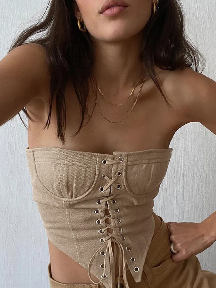 Lace-Up รัดตัว Top ผู้หญิงหน้าอก Binder Crop Top Y2k เสื้อผ้า Asymmertical ฤดูร้อน Bralette Tube Tops เซ็กซี่ Cami เสื้อกั๊ก Basic
