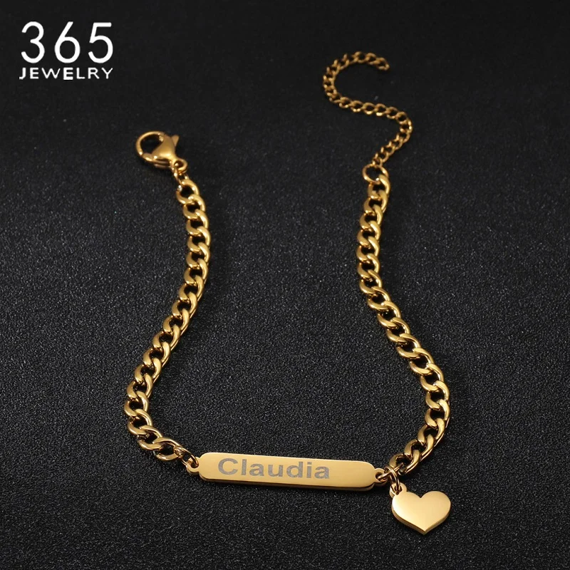 

Personalized Stainless Steel Bracelets 5mm NK Chain For Women Charming Heart Pendant Custom Name Engraving Bracelet Jewelry