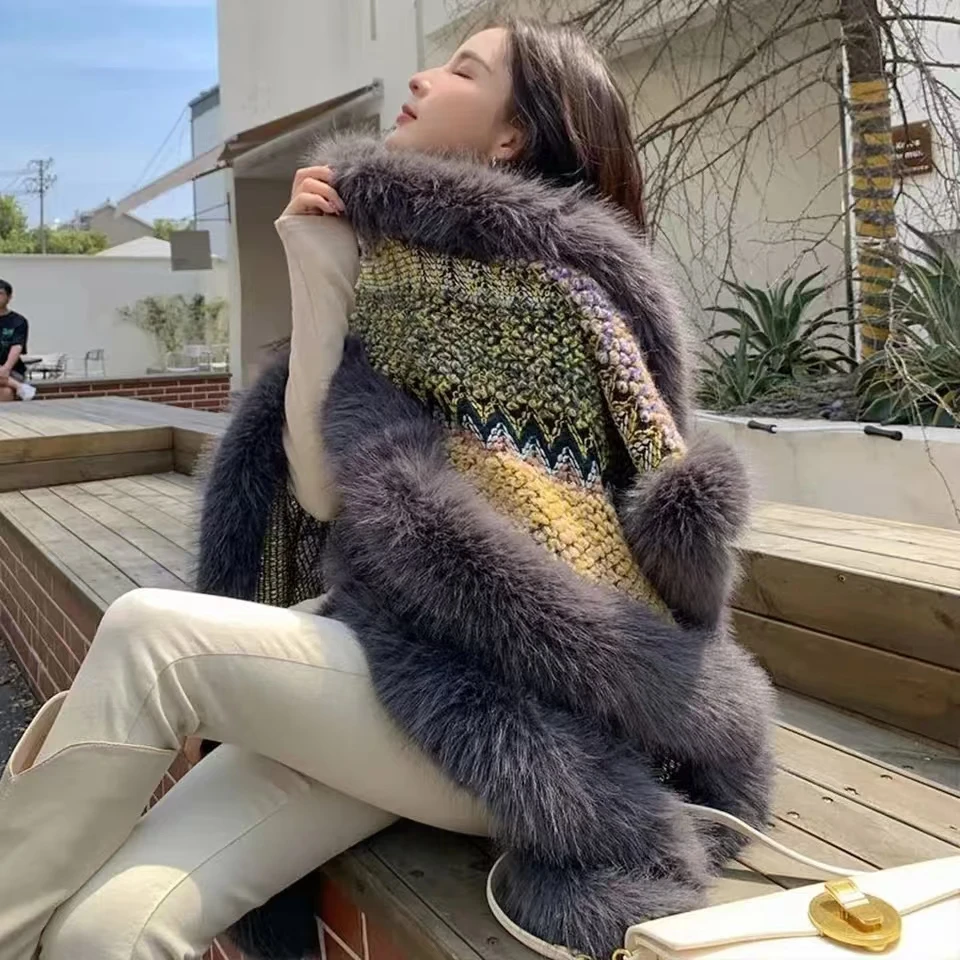 2024 женское меховое пончо шерстяное теплое модное богемное вязаное плащ с мехом
