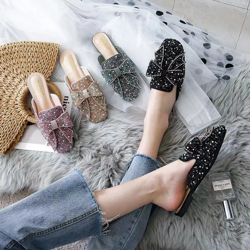 

Women Slippers Summer Shoes Pearl Bling Glitter Slides Square Toe Paillette Beads Mules Woman Sandals Flip Flops Plus Size