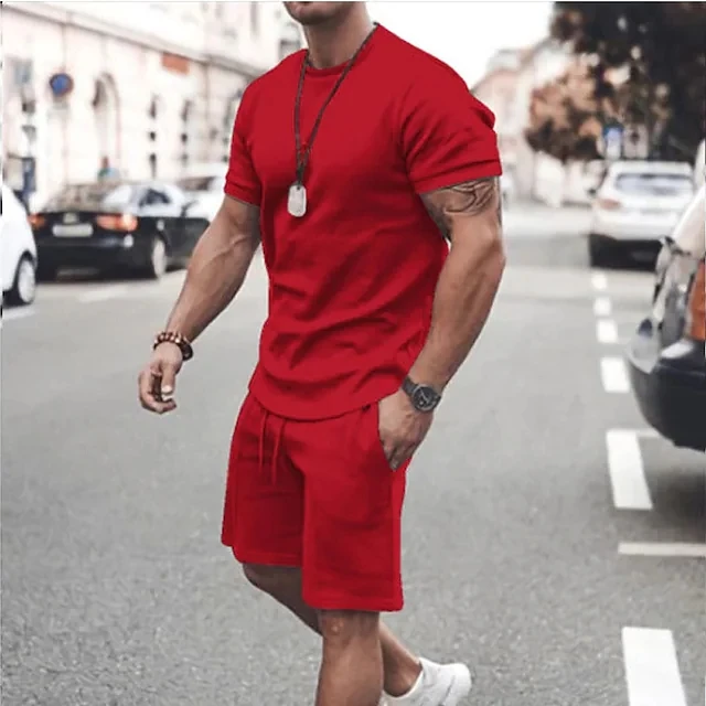 3D Print Clothes for Men T-Shirt Sets Solid Color Outfits Round Neck Ropa Short Sleeve 2 Pcs Clothing Polyester Costume for Men