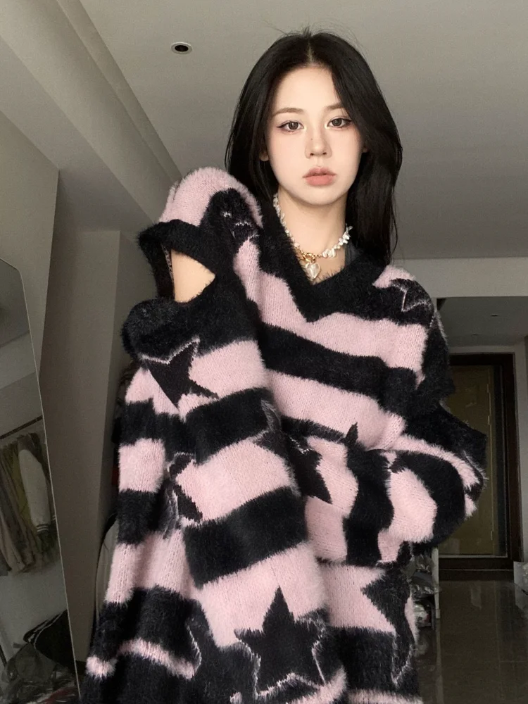

Korobov Star Stripe Imitation Mink Fur Sweater Autumn Contrasting Colors Y2k Tops Knitwears Womens Clothing Korean Fashion