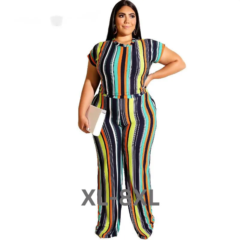 

Plus Size Women Sexy Two Pieces Sets Summer 2019 Female Short Top Pants Elasticity Striped Streetwear 3xl 4xl 5xl 6xl