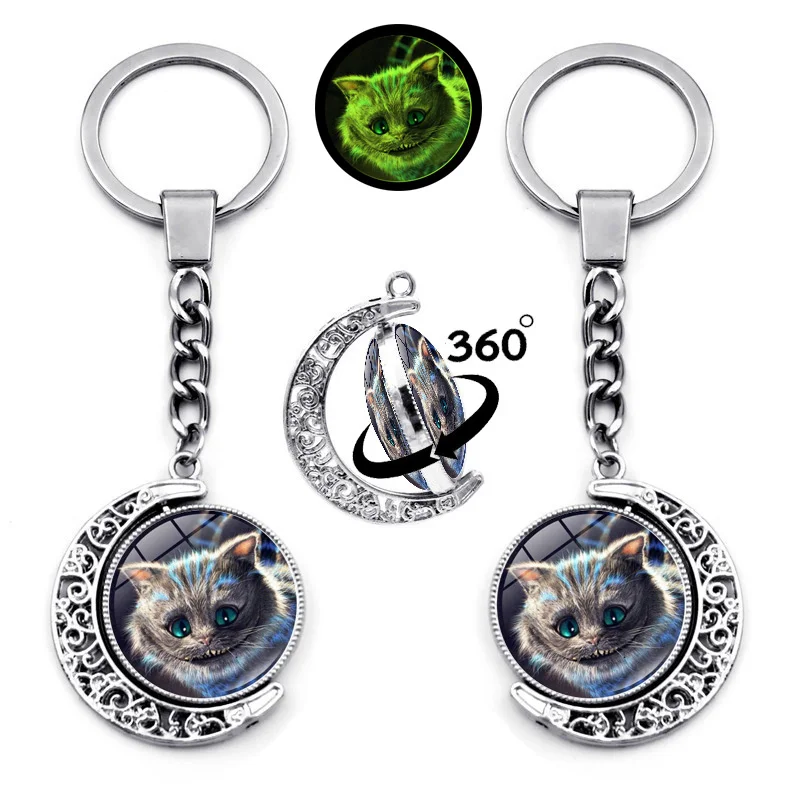 

Светящийся брелок с изображением Чеширского кота, вращение на 360 градусов, подвеска в виде Луны, металлический держатель, автомобильные бре...