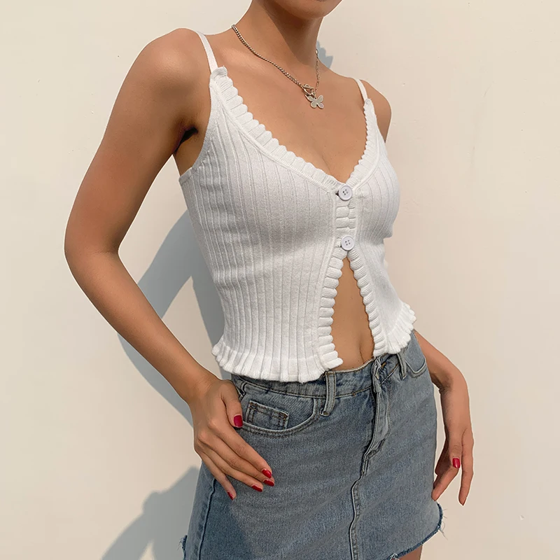 

2021 Summer Sexy White Knitted Camis Tops Women V-neck Split Backless Crop Tanks Elegant Temperament Casual Camisole Y2k Tops